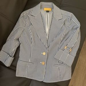 St. John Pintuck Blue Stripe 3/4 Sleeve Blazer